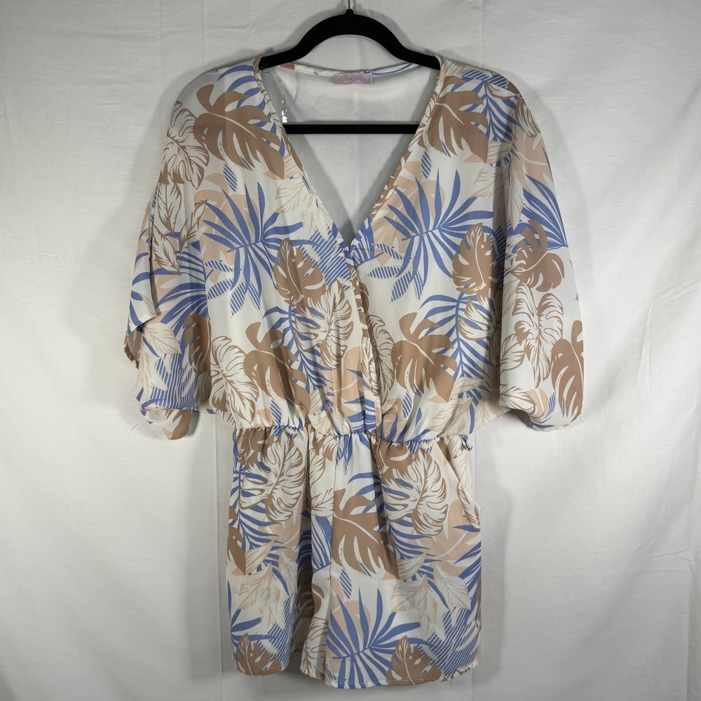Pink Lily Romper S Palm Leaf Print V-Neck Elastic Waist Casual Blue Beige Beachy